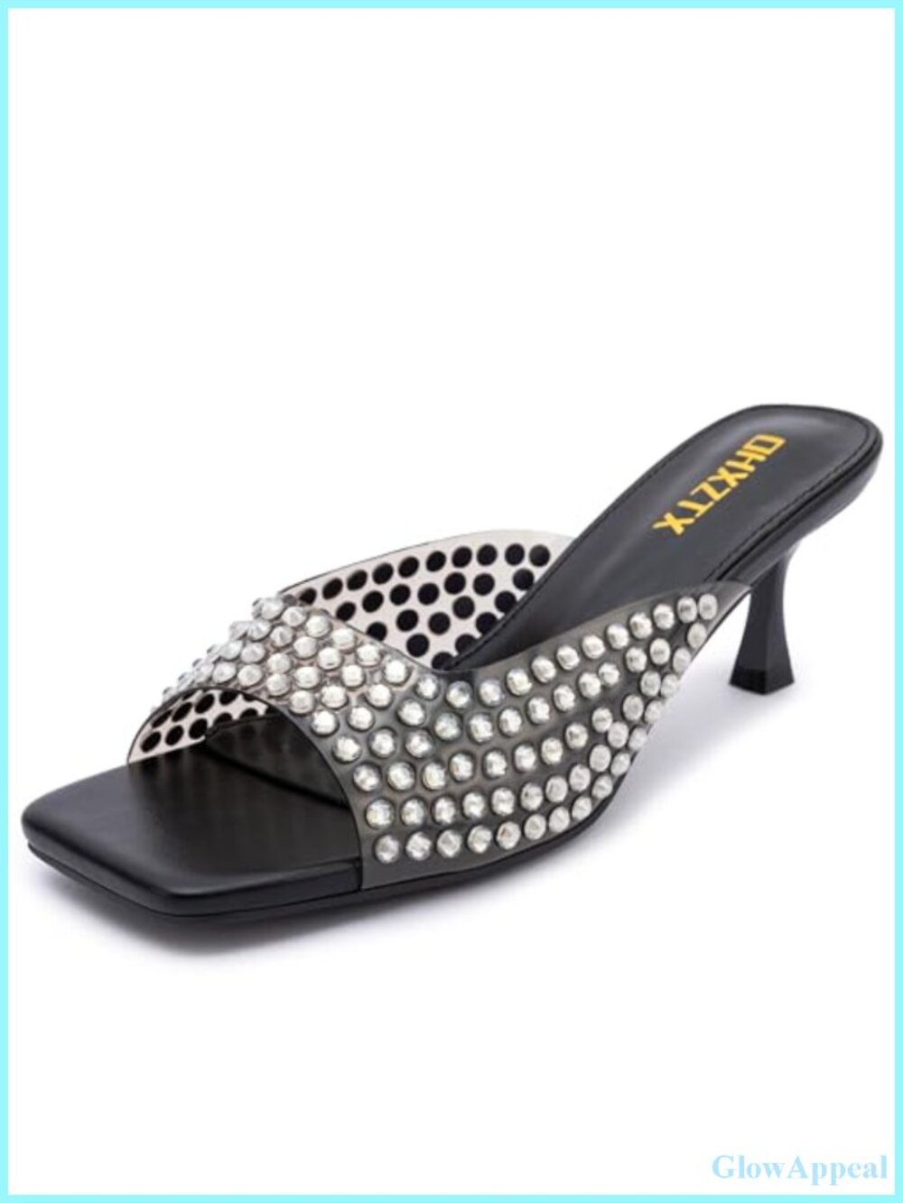 Rhinestone Kitten Heel Mules Square Toe Slip-On Heeled Sandals Faux Leather